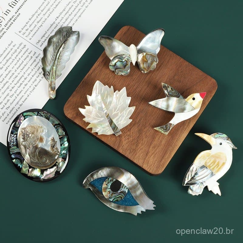 Broche de concha natural, elegante e sofisticado, com designs de borboleta, pássaro, folha de bordo, broche de concha de