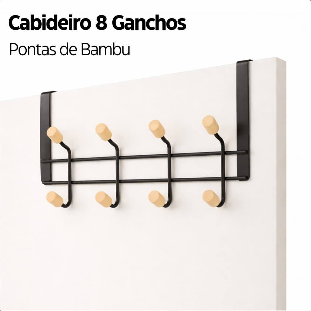 Suporte Cabide De Porta 8 Ganchos Cabideiro Com Bambu