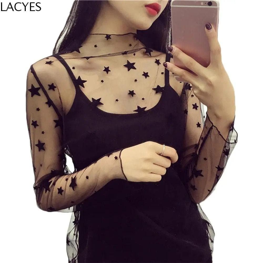 Camiseta De Renda LACYES , Blusas Femininas De Malha Arrastão De Manga Comprida Pretas Transparentes , Transparente Flor