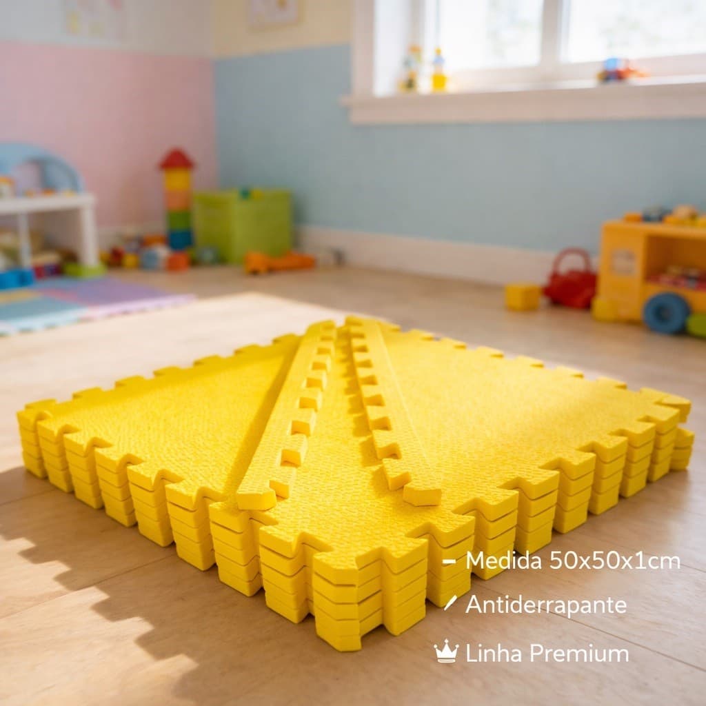 Kit 10 Tatames Tapetes Eva 50x50x1cm 10mm Amarelo Premium Amarelo Bordas de Acabamento Linha Premium