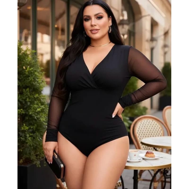 Blusa Body Feminino Plus Size Manga Longa Tule Decote V Elegante Moda 2026 Cruzado Transpassado Moda
