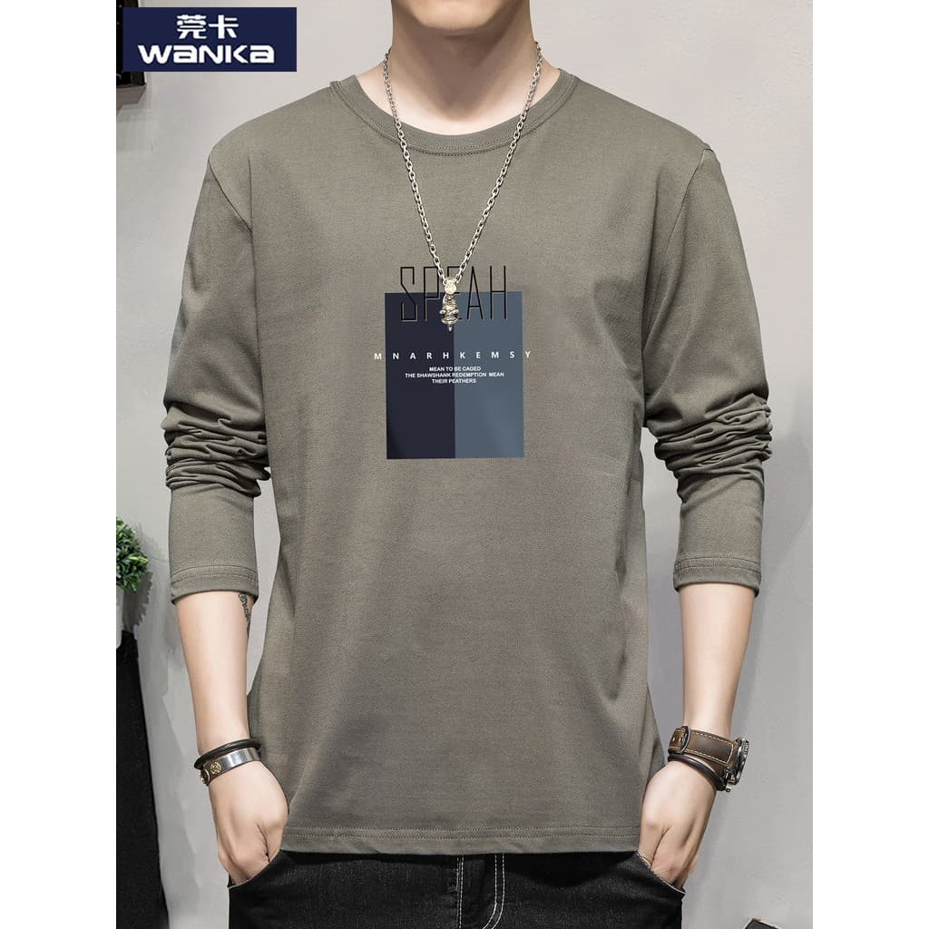 Primavera outono manga comprida camiseta masculina solta Casual Street Wear High-End camiseta em torno do pescoço Design