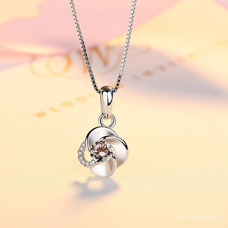 Colar de Prata para Mulheres com Pingente de Trevo Rotativo Cravejado de Diamantes, Estilo Japonês e Coreano, Corrente d