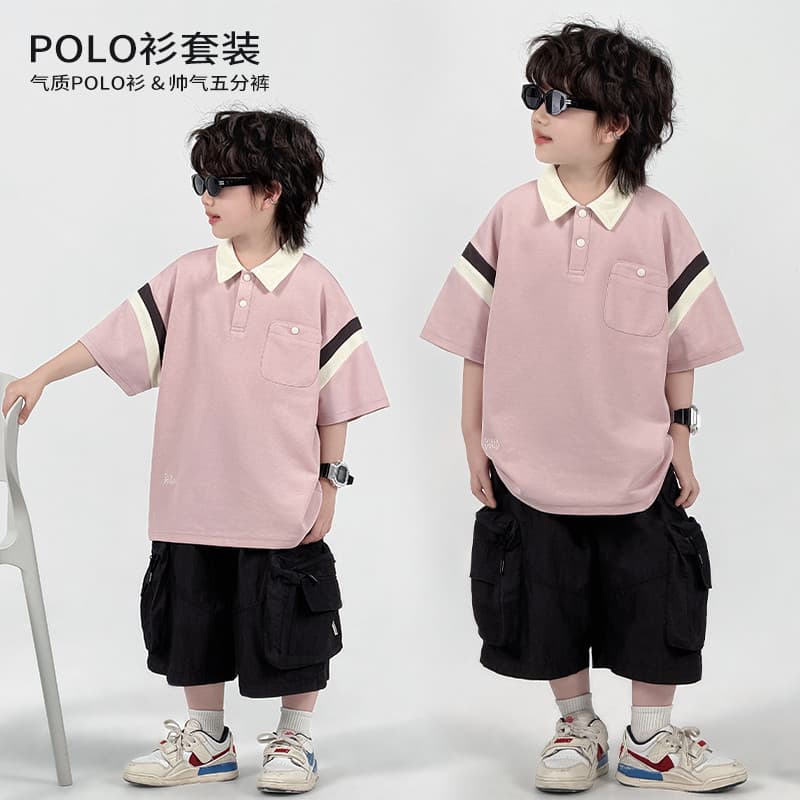 Terno de verão para meninos de trabalho médio, camisa POLO de manga curta, calças cortadas, terno Casual de duas peças *