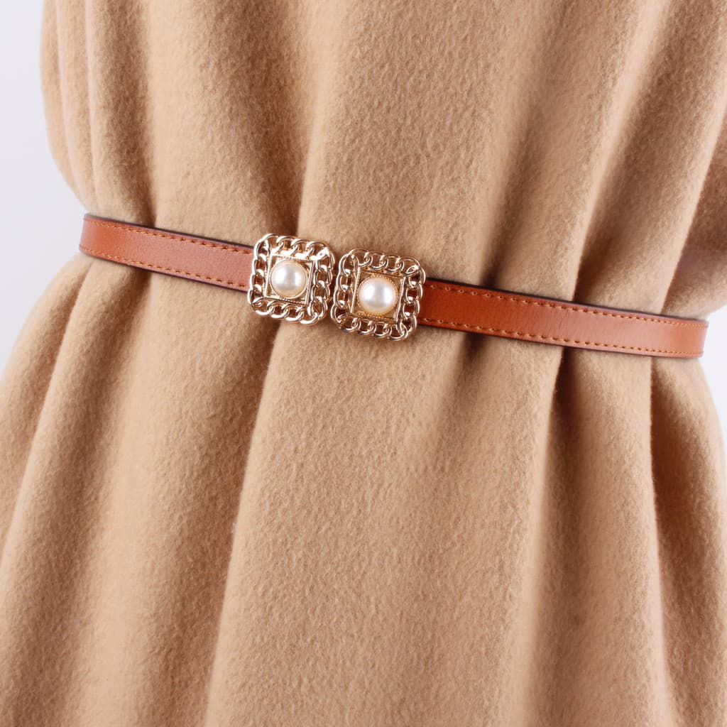 Retro couro genuíno cinto fino feminino decorativo pérola com saia camisola cinto simples All-Match coreano ins estilo c