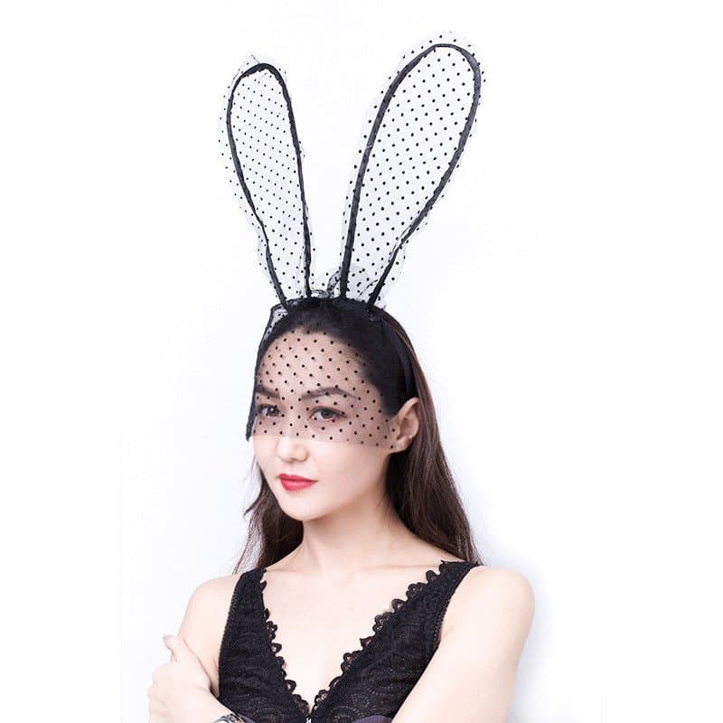 Tiara de orelhas de coelho em renda preta, estilo europeu e americano, para festas, apresentações, discotecas e bares -