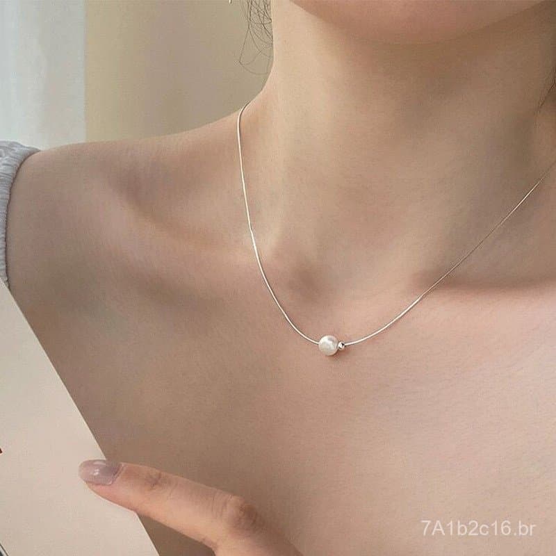 Colar de pérola única em prata esterlina S925, estilo luxo leve, com corrente de osso de cobra para mulheres, colar de c