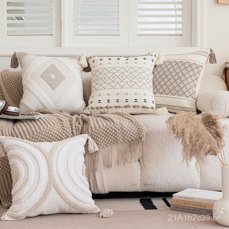 Almofada decorativa estilo nórdico para uso doméstico, almofada simples para sofá com franjas, capa de almofada pequena