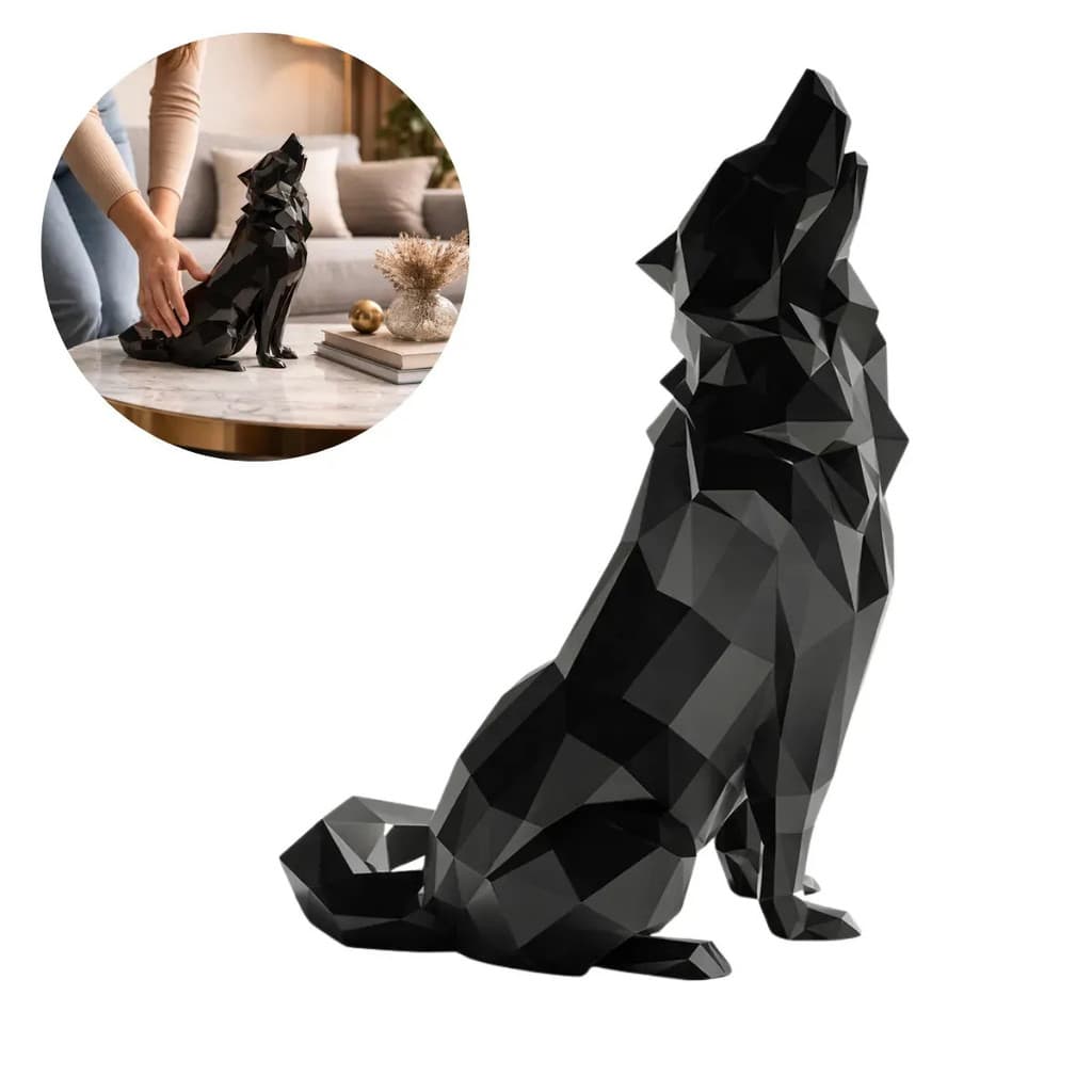 Lobo Uivante Escultura Decoração Sala Lobo Preto 3d Original Estatuetas Geométricas