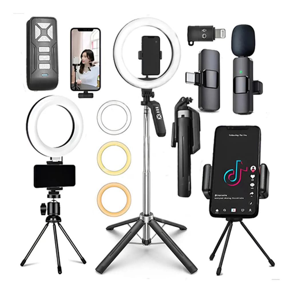 Kit Youtuber 2 Ring Lights Microfone Sem Fio Tripé 180cm