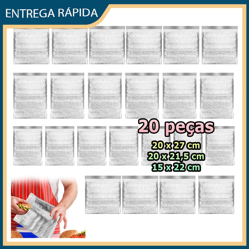 Kit 20 Saco de armazenamento reutilizável de papel-alumínio saco térmico saco embalagem térmica legumes frutas e carne