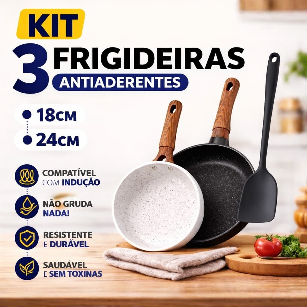 Frigideira Antiaderente Indução Cerâmica Premium Todos Fogões Cabo Madeira Térmico Não Gruda 18 e 24cm Espátula Silicone