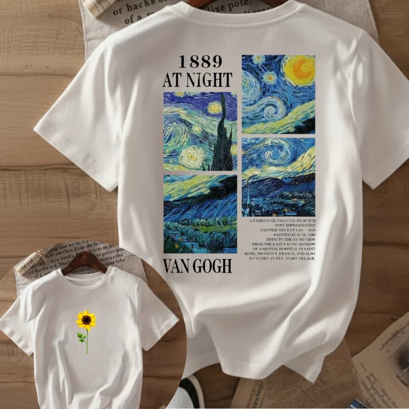 Camiseta Vintage Feminina Camisa Casual Estampada Van Gogh Blusa de Alta Qualidade 100% Algodão