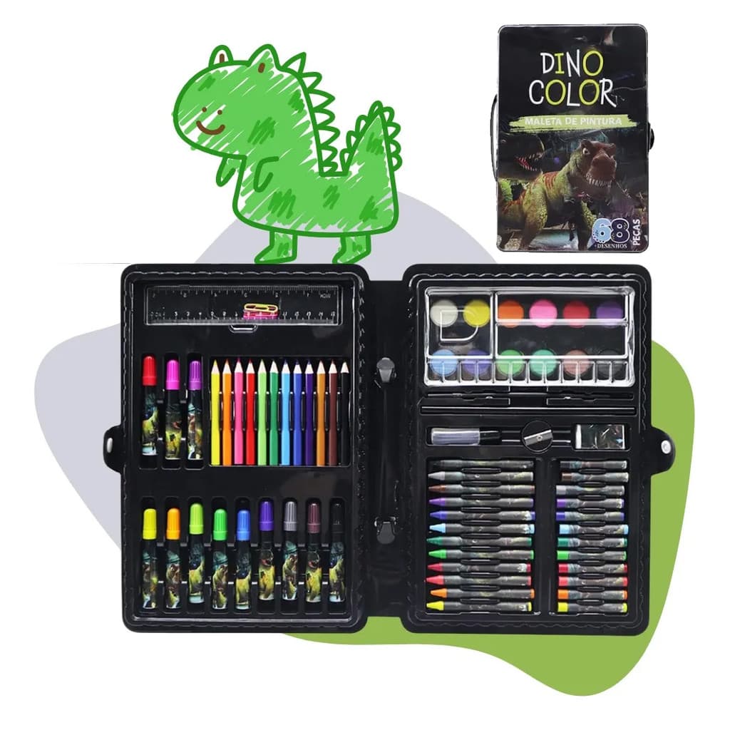 Kit Maleta De Pintura Infantil Dinossauro 68 Peças Estojo Escolar Com Canetinhas Criança Kizumba