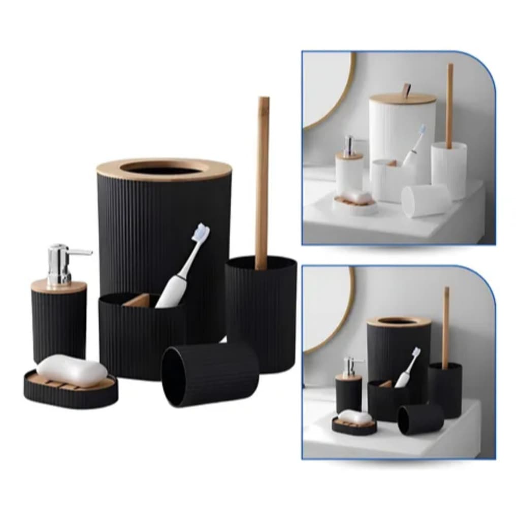 Kit Banheiro Lavabo Conjunto Completo Lixeira 6 Peças Bambu