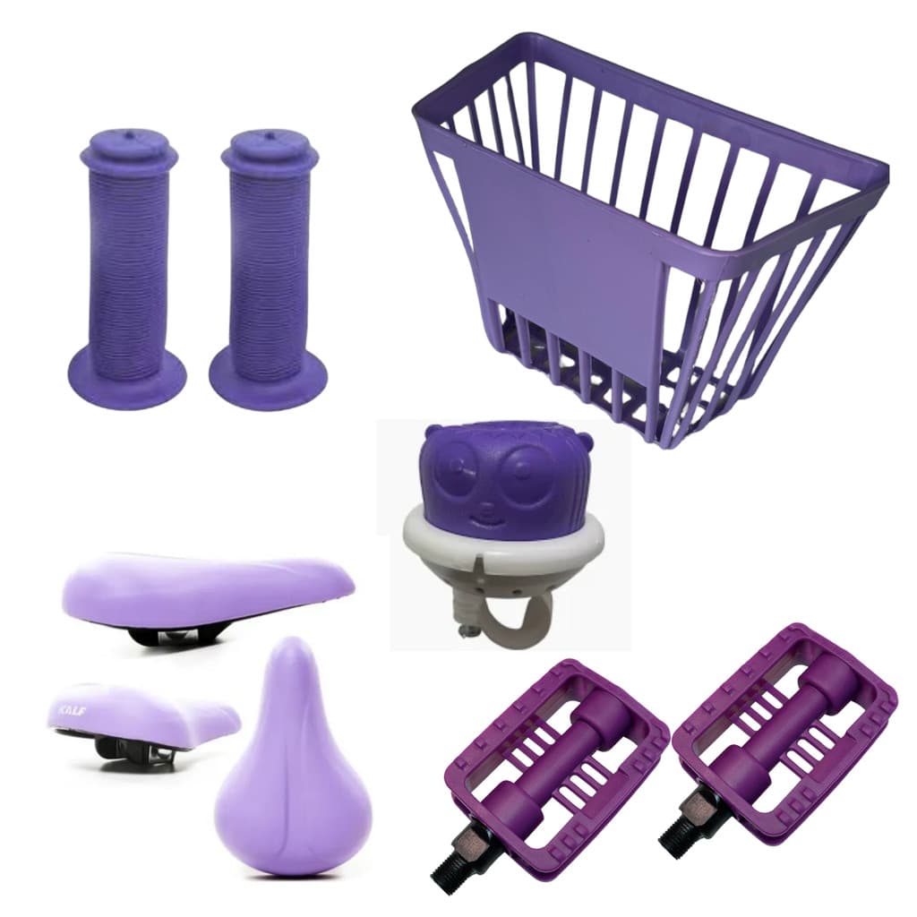 Kit acessórios bicicleta infantil aro 16 roxo / lilás com cestinha +manopla +selim +Buzina +pedal