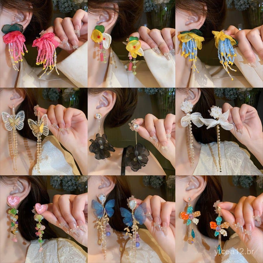 Brincos de borla com pérolas e flores em prata, design moderno e único, brincos elegantes e sofisticados de nicho, venda