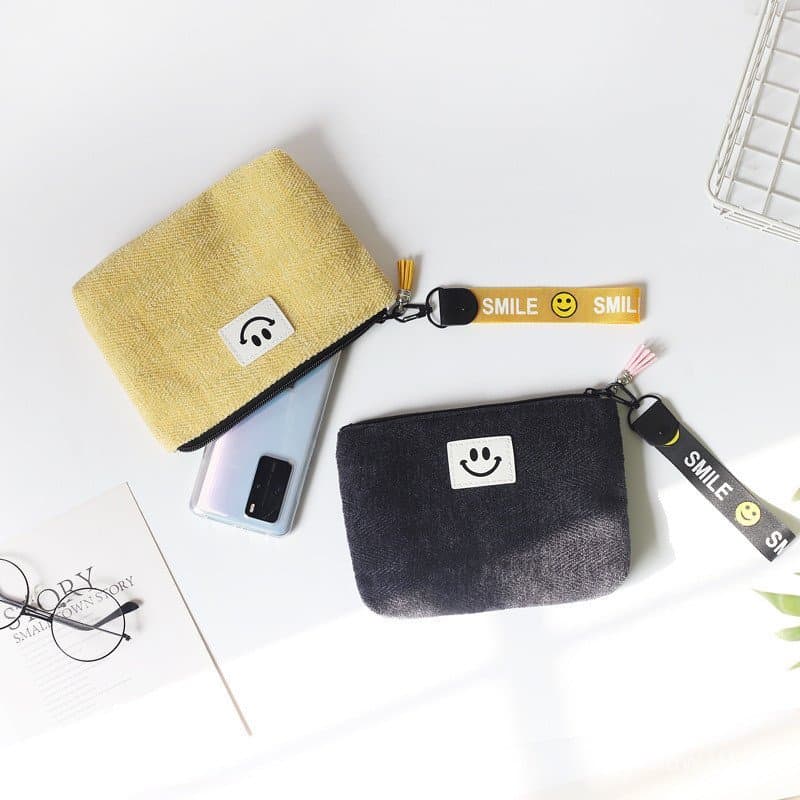 Mini bolsa de pulso estilo coreano para estudantes, bolsa para celular, com padrão de rosto sorridente fofo e feminino,