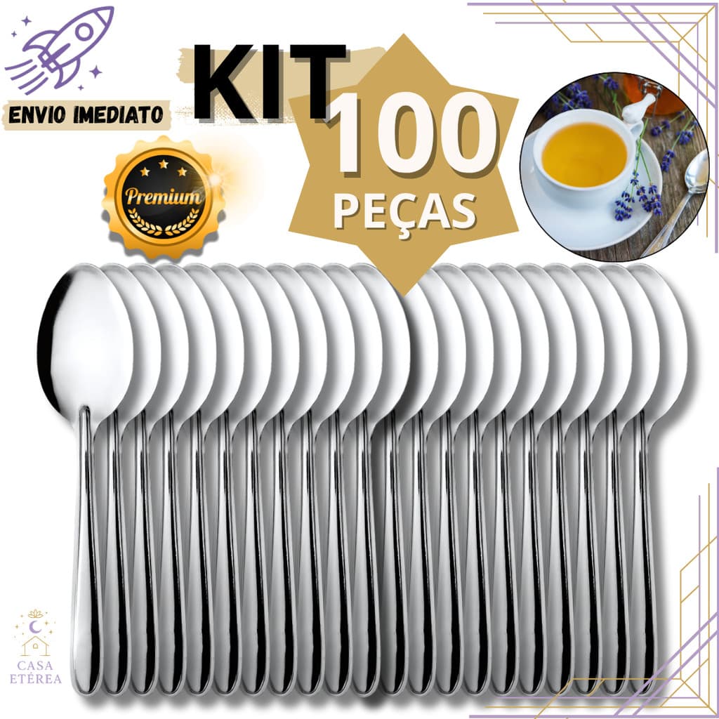 Jogo 100 Colher de Chá Aço Inox Talher Luxo Elegante para Café Chá Buffet Restaurante Bar Cafeteria Confeitaria