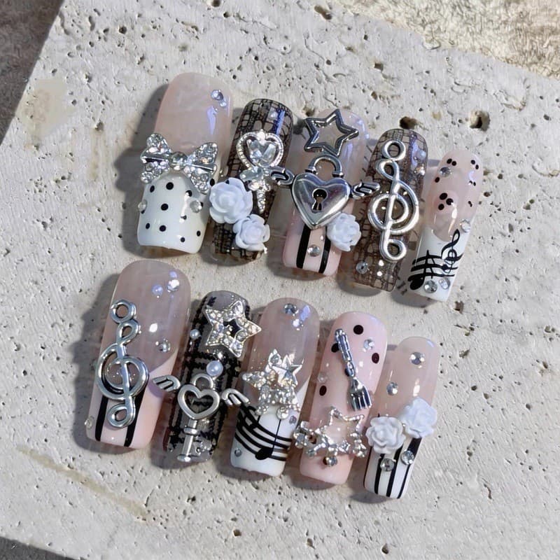 Retro Nota Amor Bloqueio Bonito Artesanal Imprensa Em Unhas Vintage Coreano Bolinhas Falsas 3D Rosa Arco Estrelas Diaman