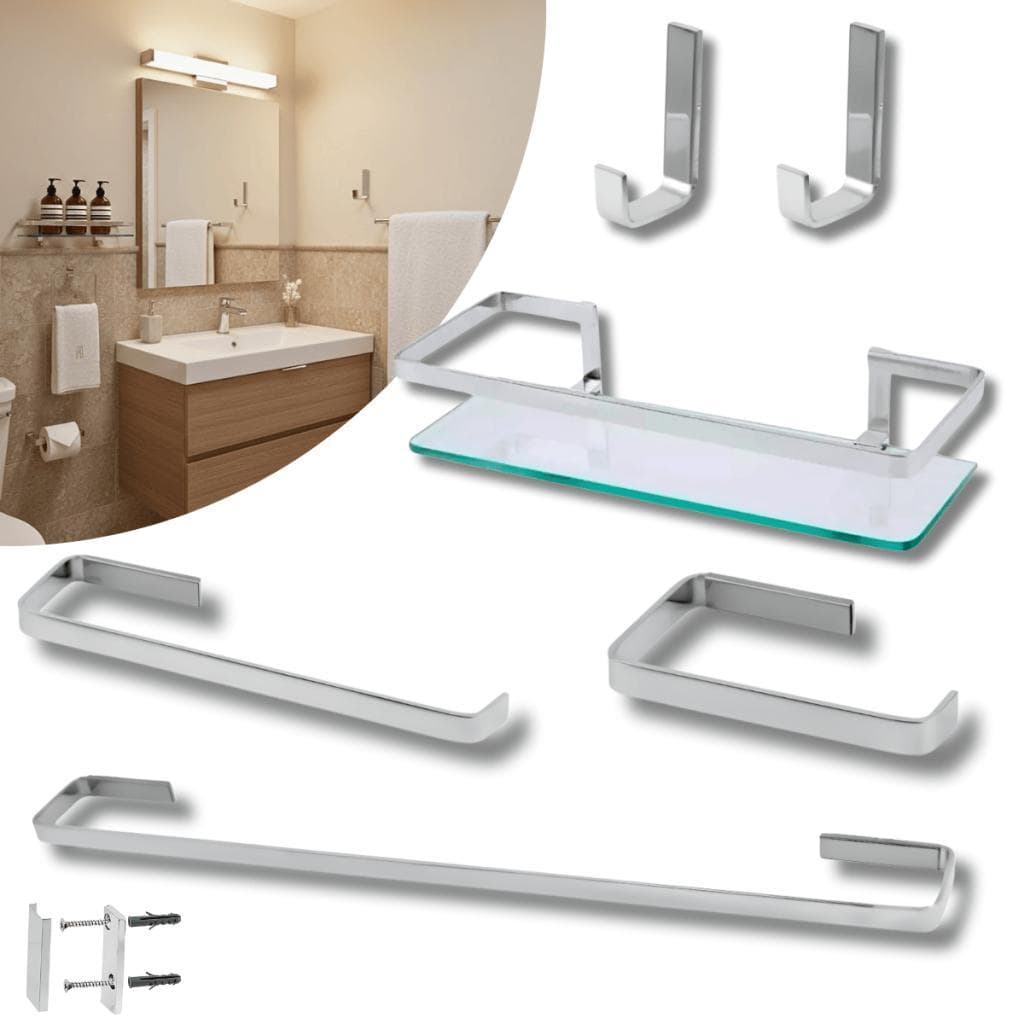 Kit de Acessórios Para Banheiro 06 Peças Aço Inox Prateado com Porta Shampoo - Bruen