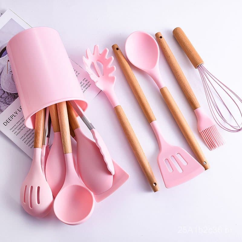 Conjunto de utensílios de cozinha de silicone em cores macaron com balde de armazenamento, cabo de madeira de faia, conj