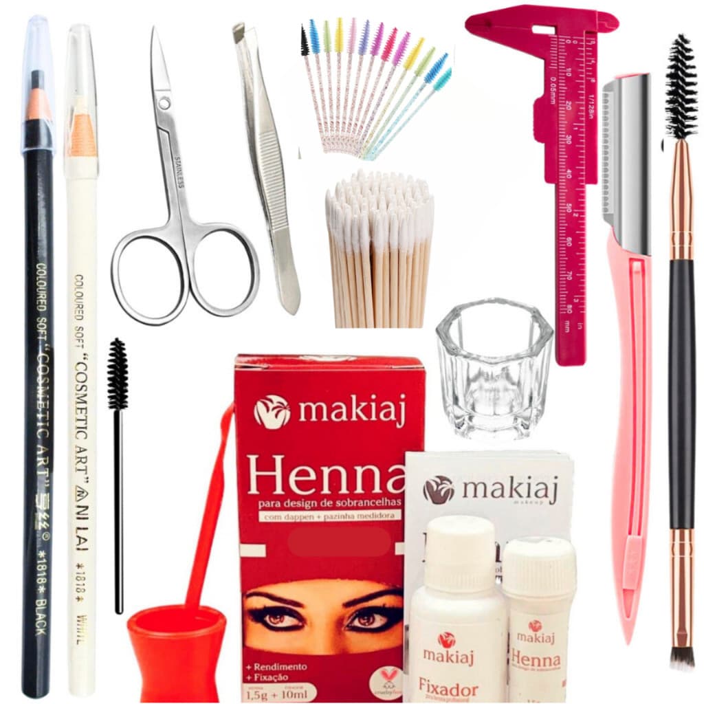 Kit Sobrancelha Profissional Henna makiaj + Navalha + Paquímetro + Tesoura + Pincel + Dappen + Lápis + Palito