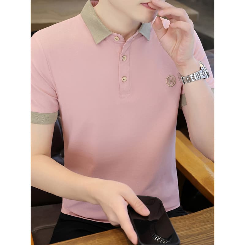 Verão novo estilo lapela puro algodão frisado malha de manga curta camiseta masculina camisa Polo na moda Casual camisa
