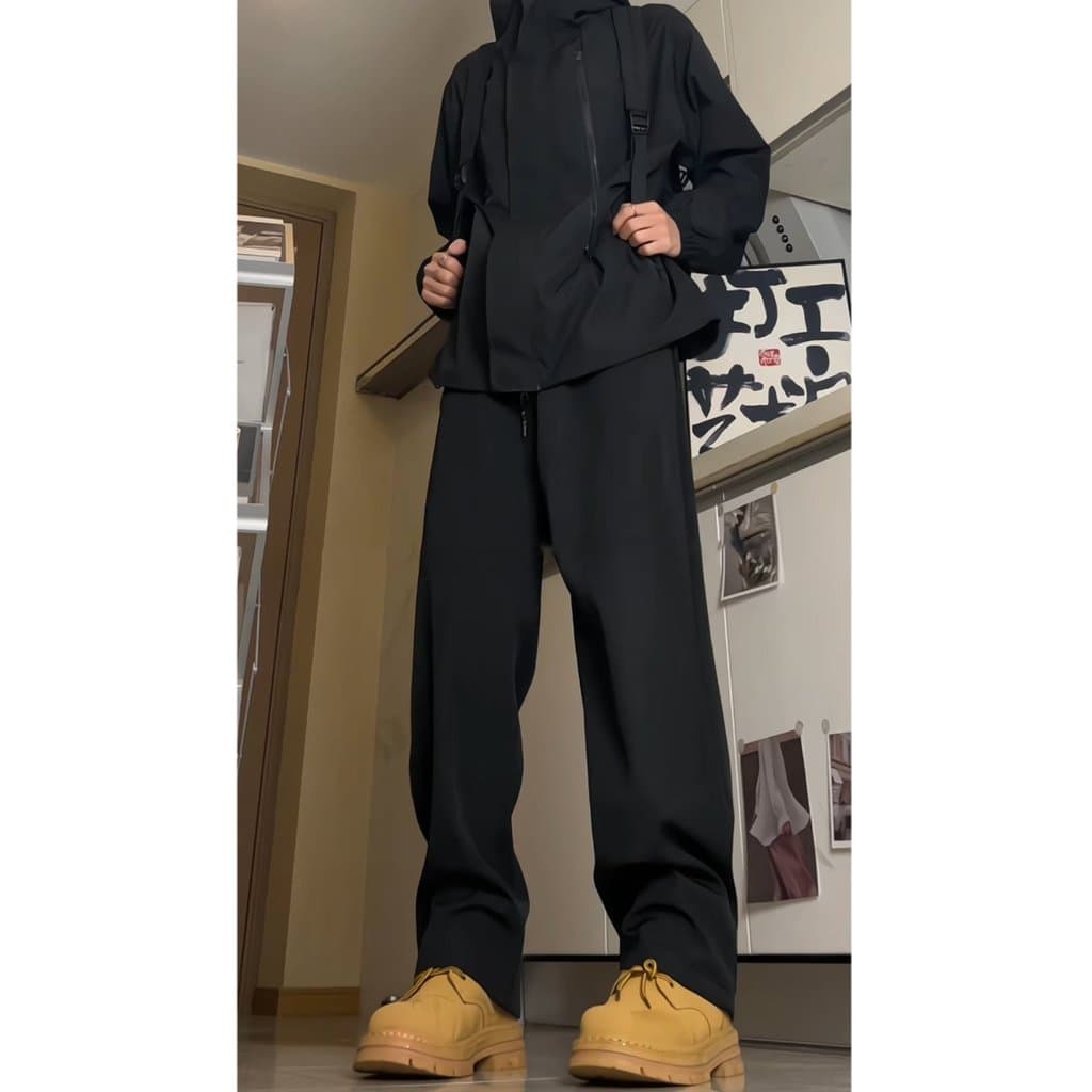 Jaqueta preta macia de três provas, calça Hihop americana, cortina reta, seda gelada, secagem rápida, calças largas