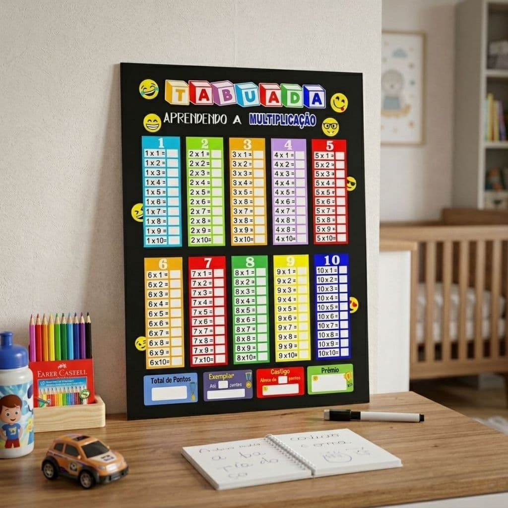 Quadro Tabuada Multiplicação Aprender Matemática Material Educativo Infantil com Caneta Apagável