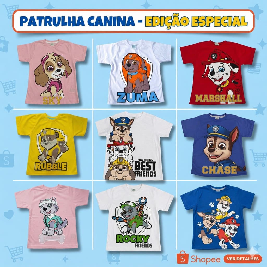 Camiseta Infantil Patrulha Canina Personagens Fantasia Aniversario Cachorro Desenho Festa  Adulto