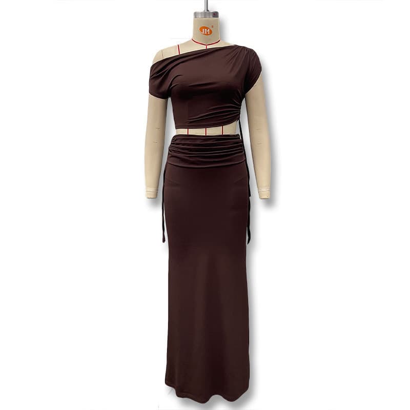 2025 estilo primavera verão novo estilo feminino cor sólida rendas ombro inclinado superior fenda saia terno feminino