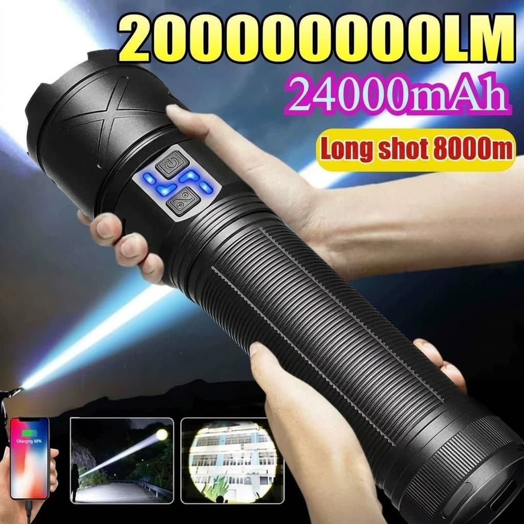 Lanterna LED 24000mAh Recarregável USB Super Brilhante Zoom Longo Alcance 8000m à Prova d’Água Tática Camping Pesca