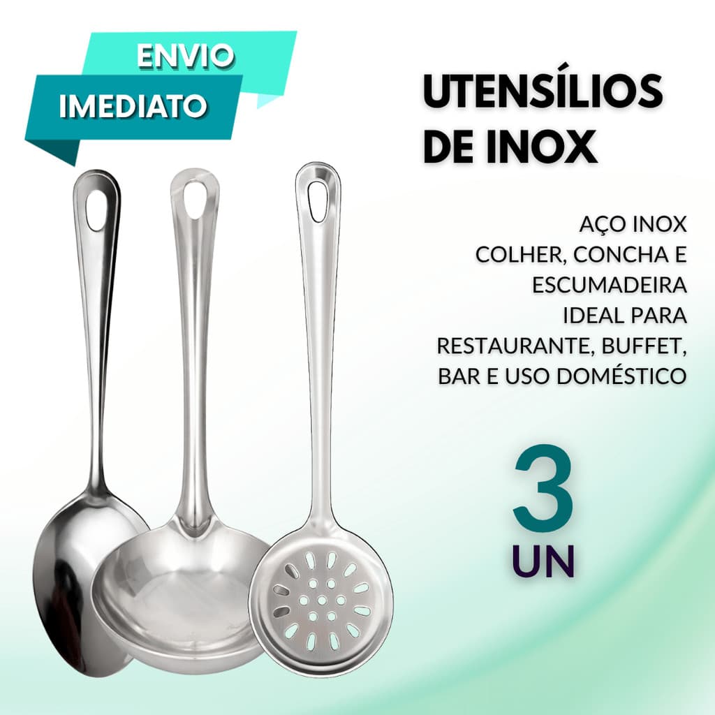 Kit Utensílios Aço Inox Colher Concha Escumadeira Durável Restaurante Buffet Self Service Uso Doméstico