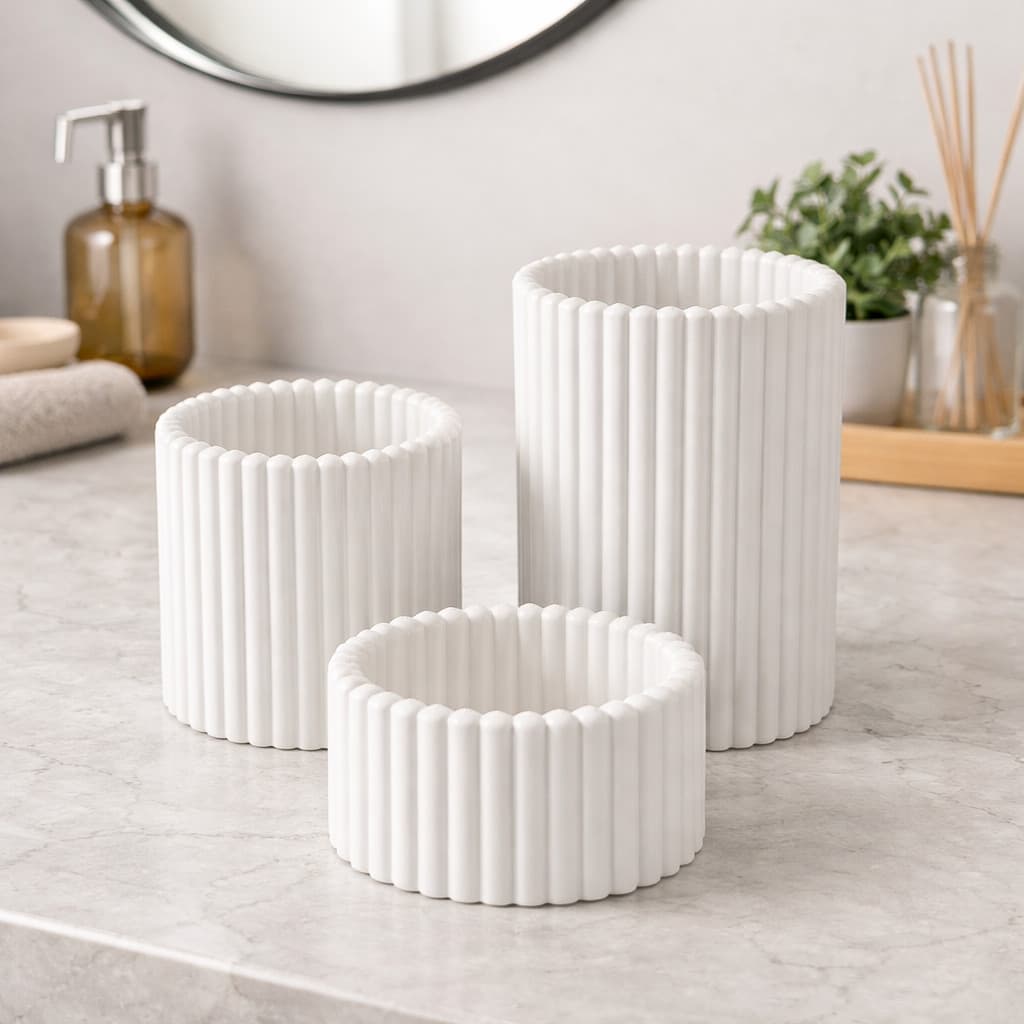 Conjunto 3 Potes Canelado GD, MD, PQ – Porta Caneta Lápis Pincéis Maquiagem Acessórios Minimalista