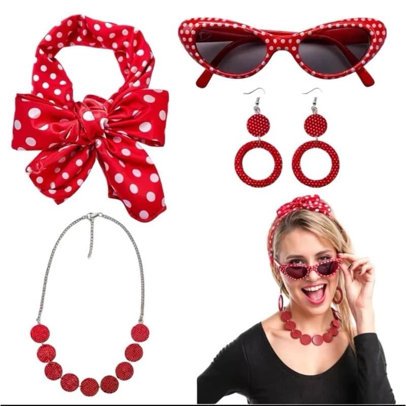 Kit Anos 50 E 60 Fantasia 4 Pç Adulto, Cosplay Oculos Colar Brinco(2417)