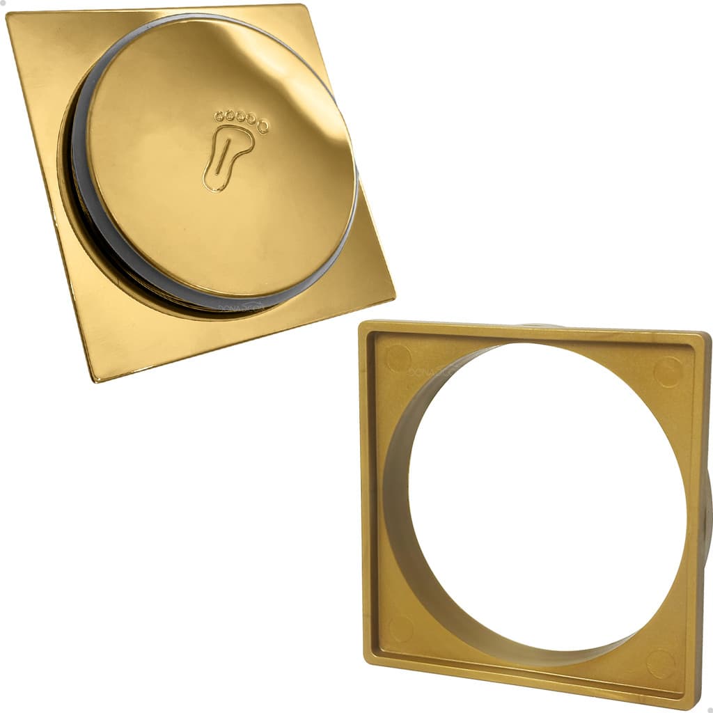 Ralo Click Dourado Inox 10x10 E Porta Grelha Plástico Quadrado Caixilho Suporte Para Ralo Banheiro