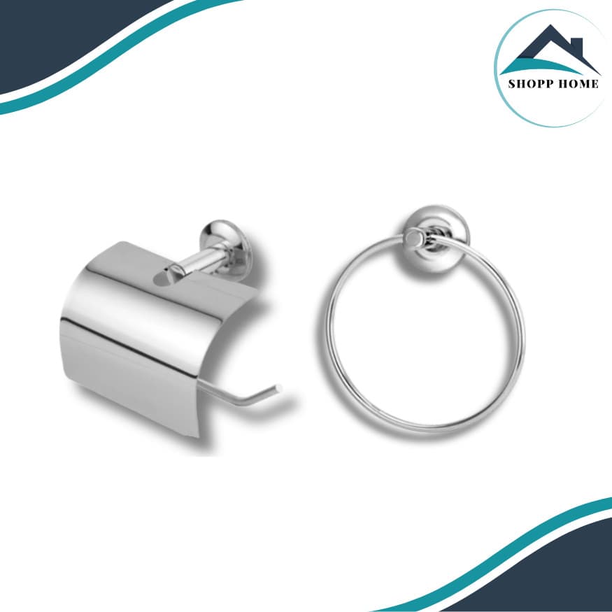 Kit 2 Peças Banheiro em Inox: Porta Toalha Argola + Papeleira em Aço Inox