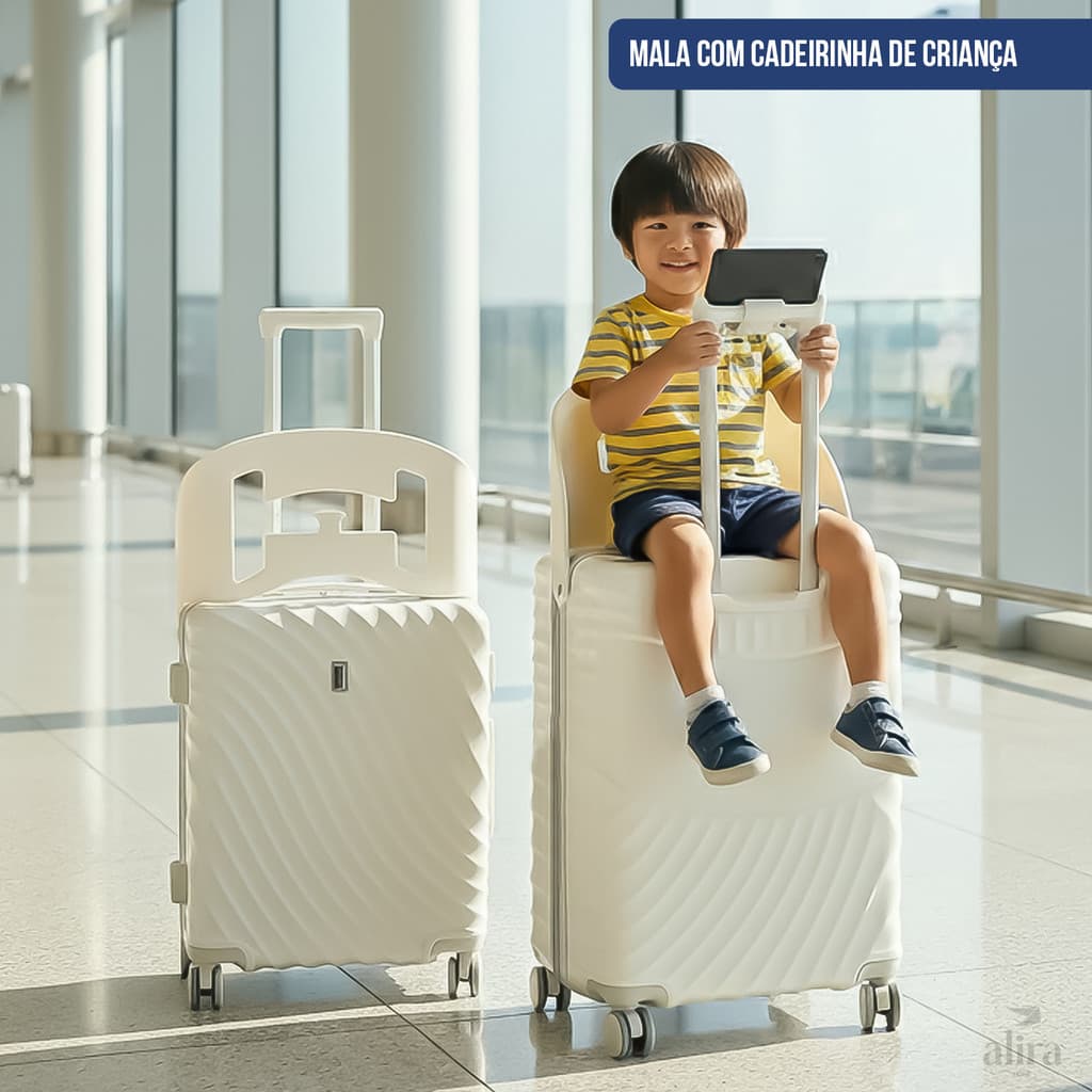 Kit 2 Malas de Viagem com Assento Infantil Integrado Grande e Média Rígida ABS Rodas 360° Off White