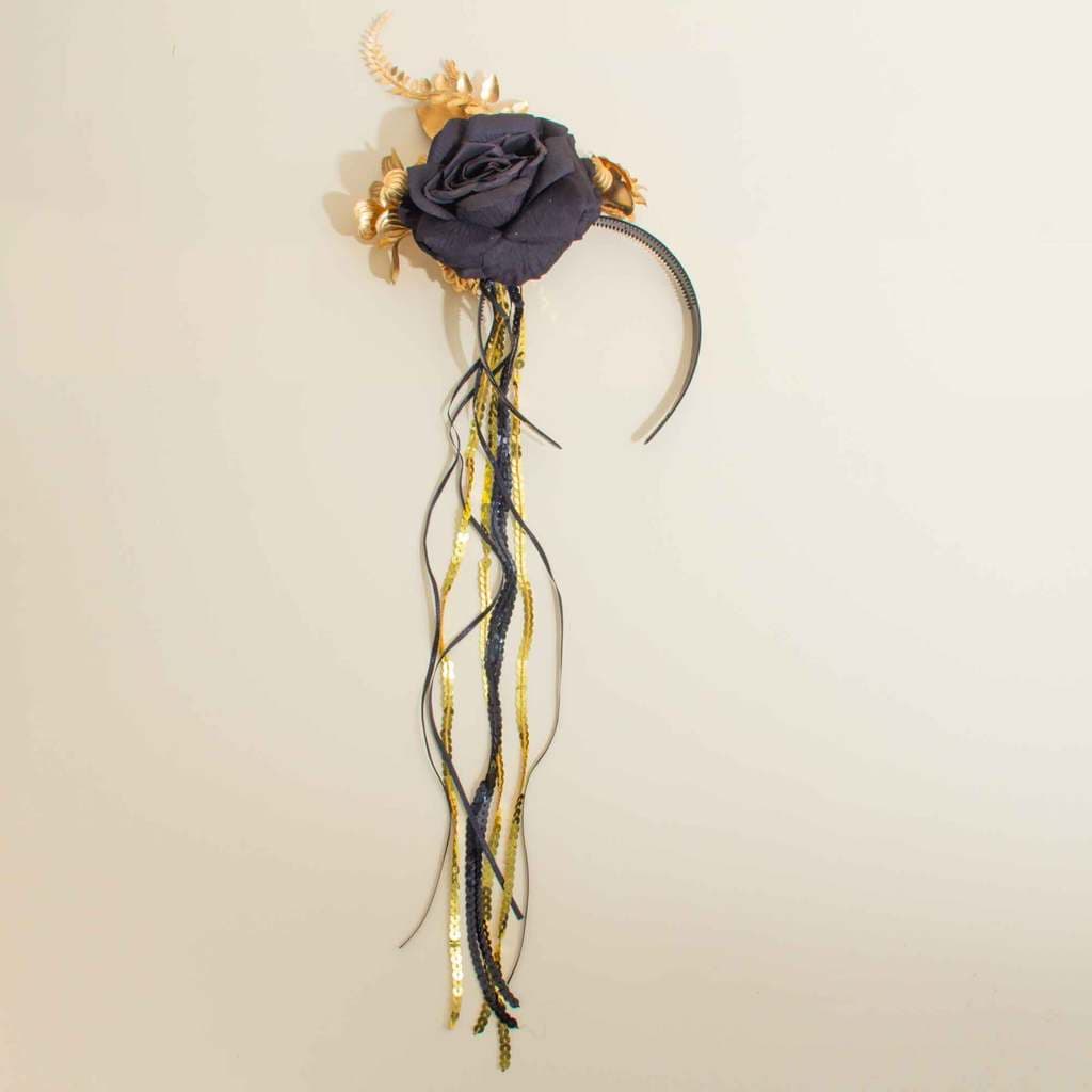 Tiara Carnaval Luxo Floral Dourado E Preto Com Fitas De Cetim E Paetês  - Preto