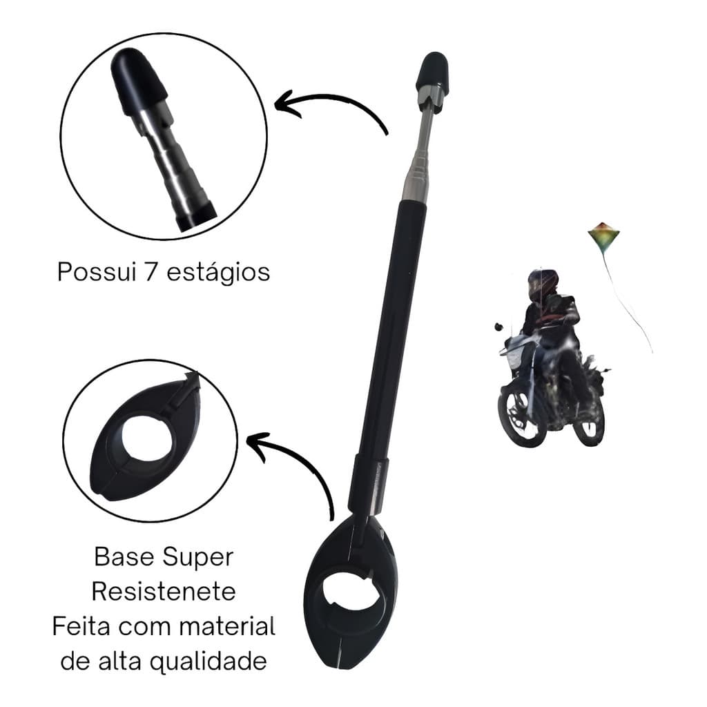 Antena de Moto Corta Linha de Pipa Retrátil 6 Estagios guidão Anti Cerol aço inox preta