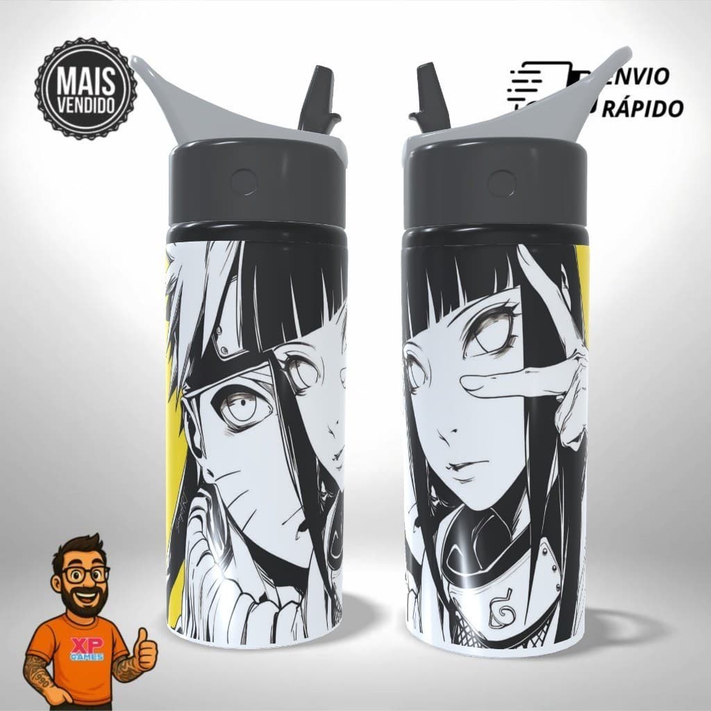 Garrafa Squeeze Alumínio - Anime Naruto e Hinata - Presente Único Infantil Escolar