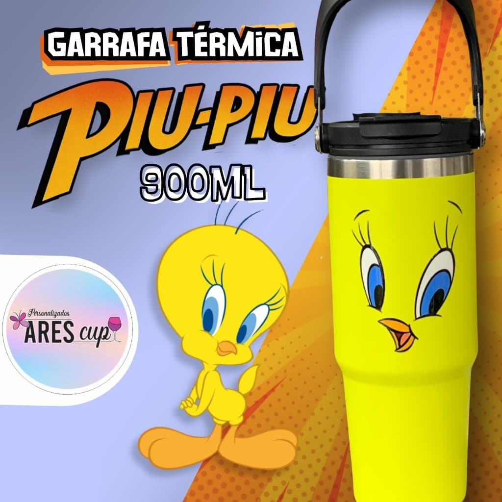 Garrafa Térmica 900ML Com Bico Com Alça Flip Piu-Piu Looney Tunes Aço Inoxidável