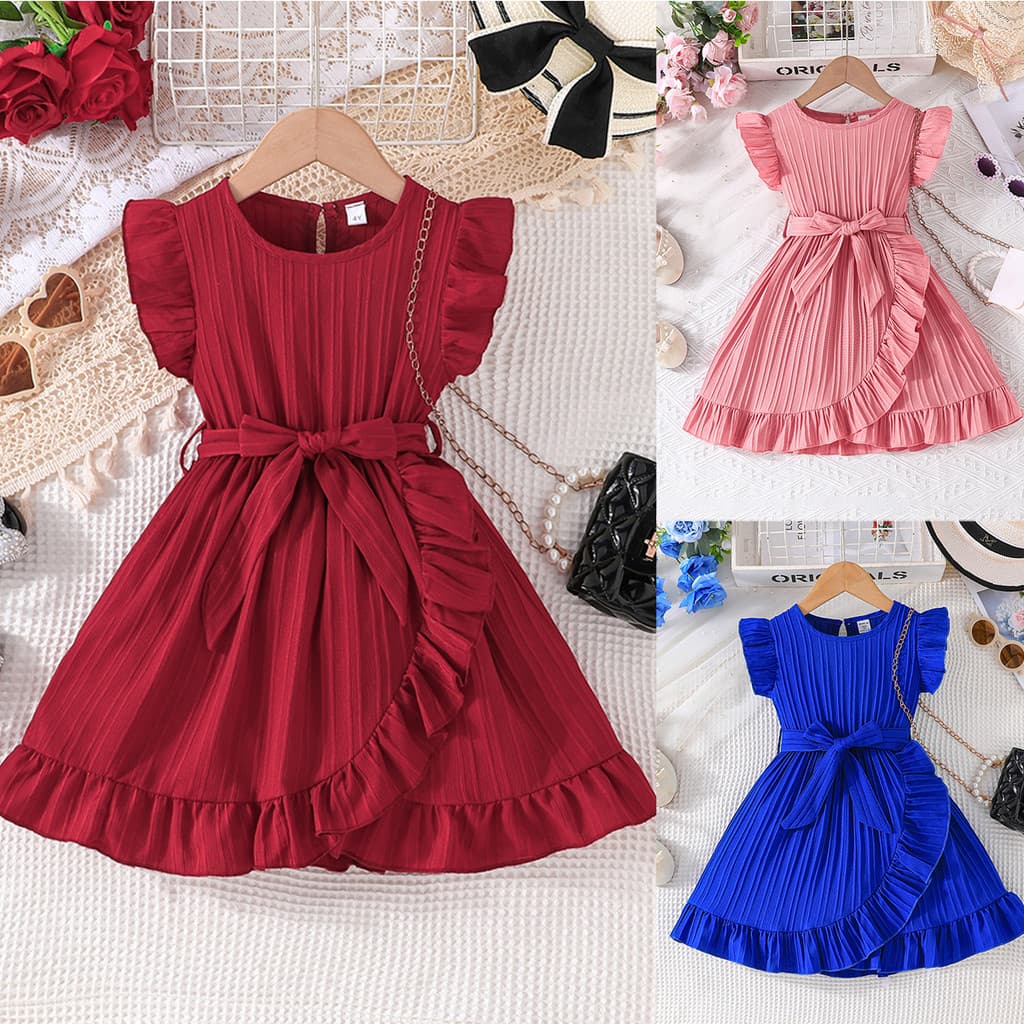Vestido Menina 3 a 7 Anos Manga Curta Saia Ondulada Vermelho Vinho Azul Rosa Pêssego com Cinto Presente Batizado Festa
