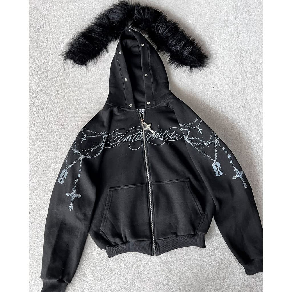 Y2K Novo Harajuku Lã Grossa Gola Zíper Hoodie Rua Casual Solto Neutro Punk Quente Na Moda