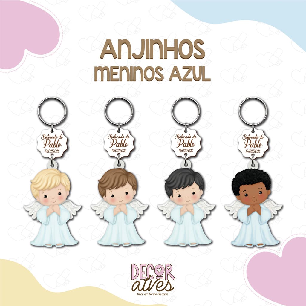 Anjinhos Batizado AZUL / MENINO - Chaveiro Personalizado MDF brilhoso Lembrancinha infantil
