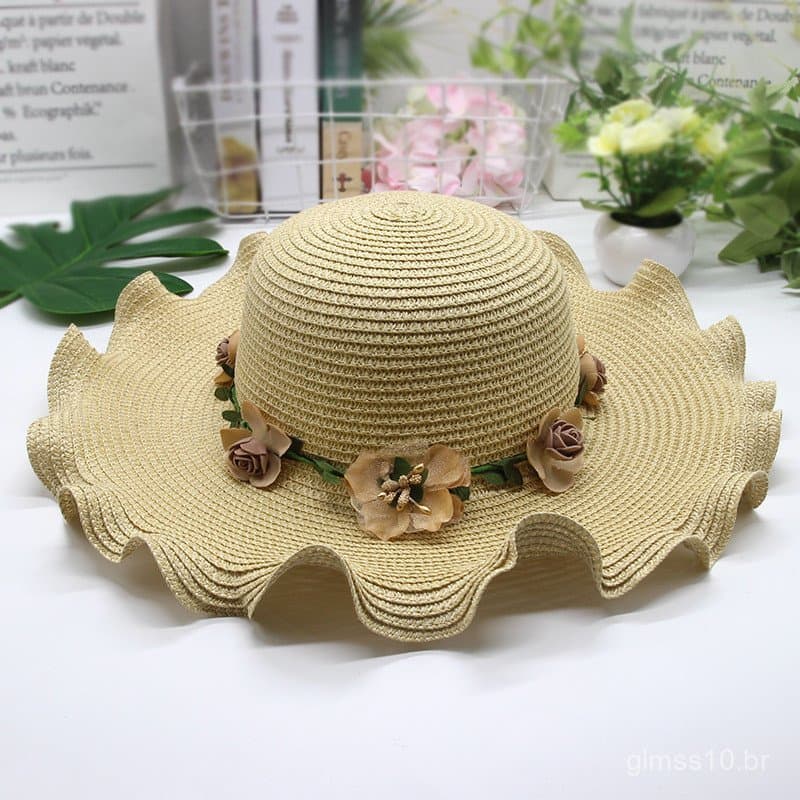 Chapéu de Palha Feminino de Verão 2019 com Proteção Solar e Aba Larga, Estilo Coreano, Elegante, com Borda Ondulada e Es