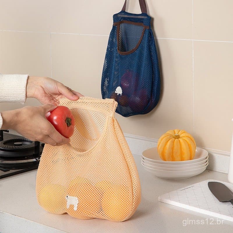 Saco de armazenamento multifuncional para frutas e vegetais, montado na parede, para a cozinha, saco de malha oca portát