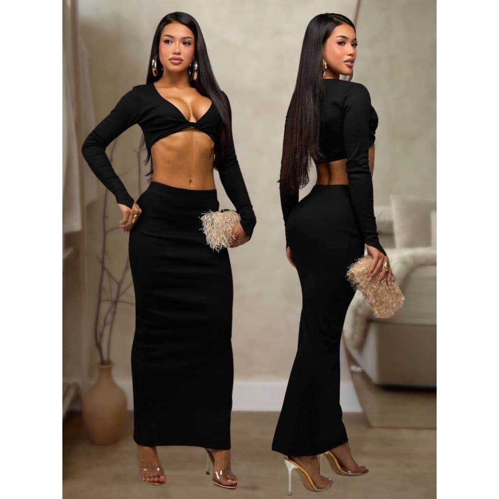 Conjunto Feminino 2 Peças Cropped Top Manga Longa + Saia Longa Elegante Tendencia Estiloso Inverno 2026
