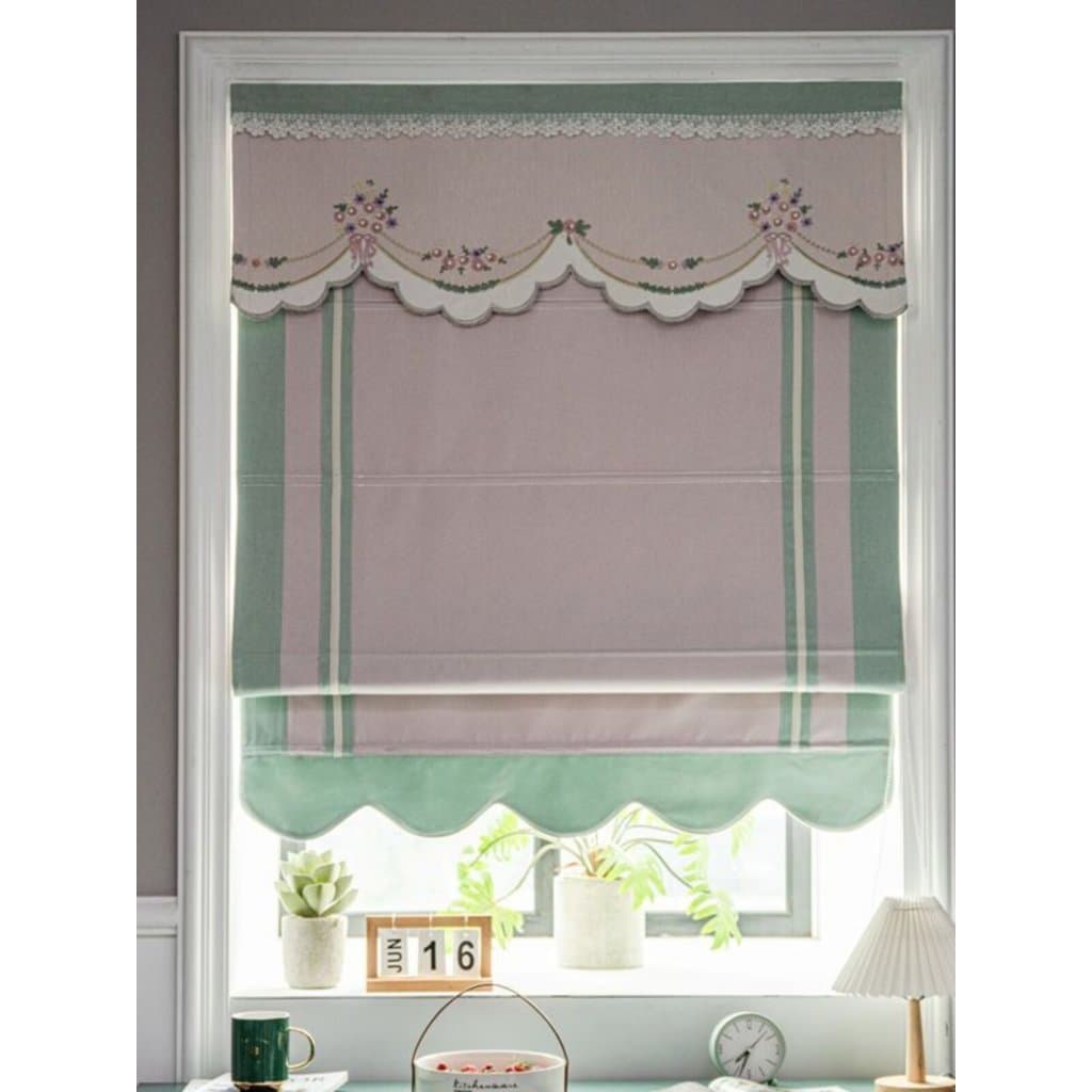 Luz de luxo cortina romana rosa verde aparado bordado cortina cabeça levantamento cortina Bay janela quarto das crianças
